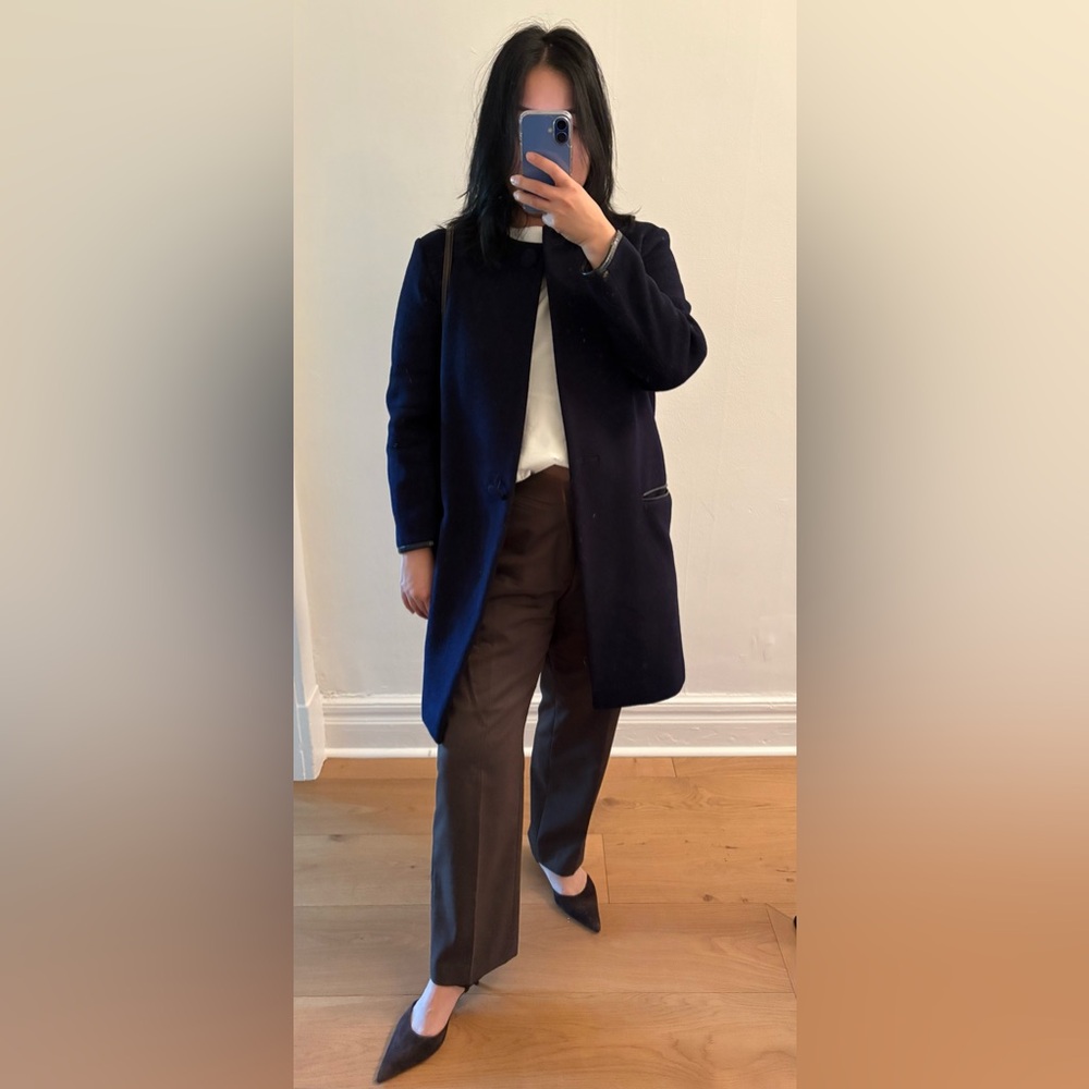 Club Monaco Navy Blue Wool Jacket with Leather Trim